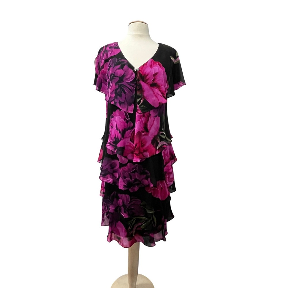 SLNY Tiered Dress Black with Pink Floral Print